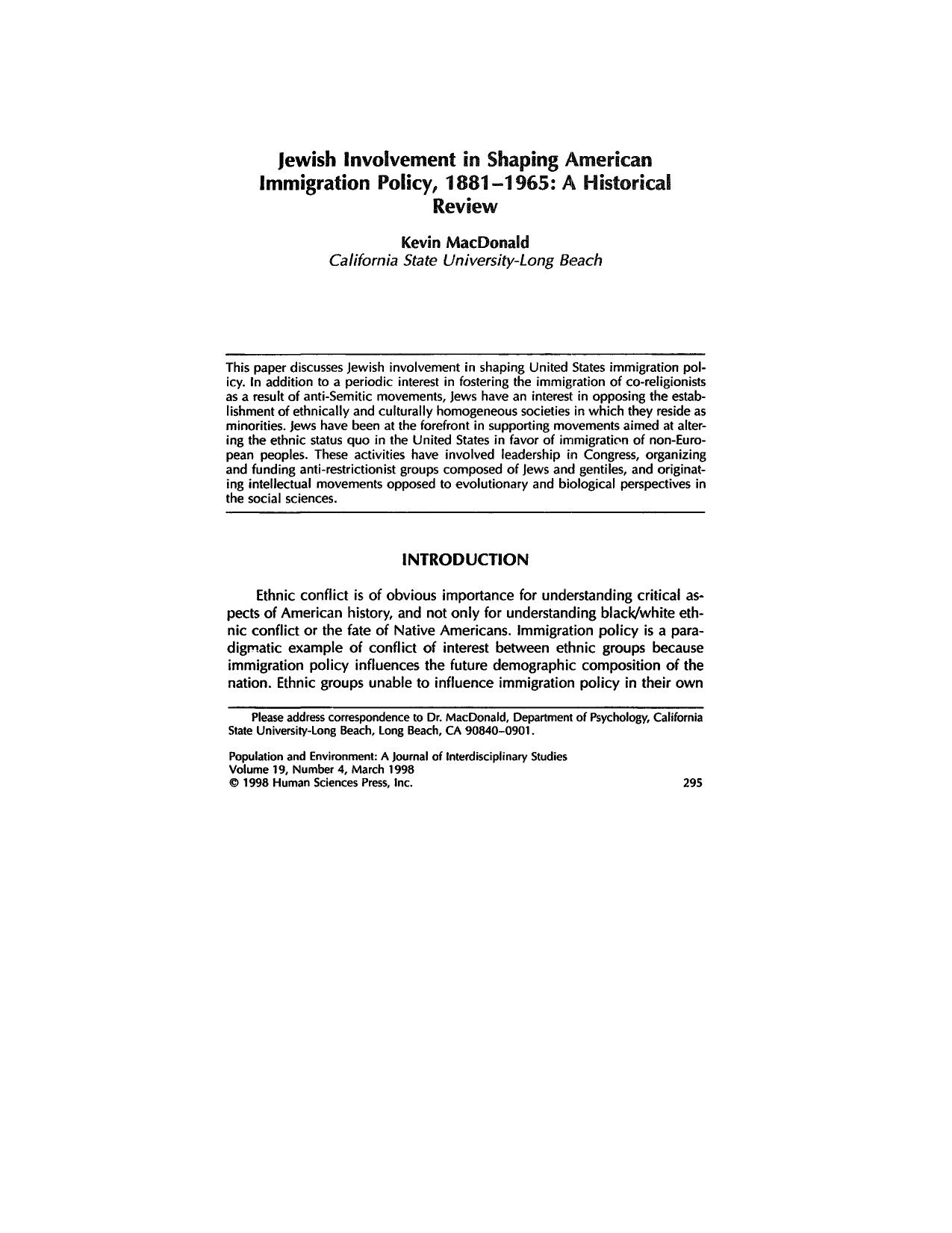 Jewish Involvement in Shaping American Immigration Policy, 1881-1965 by A Historical Review (1998) by Kevin B. MacDonald