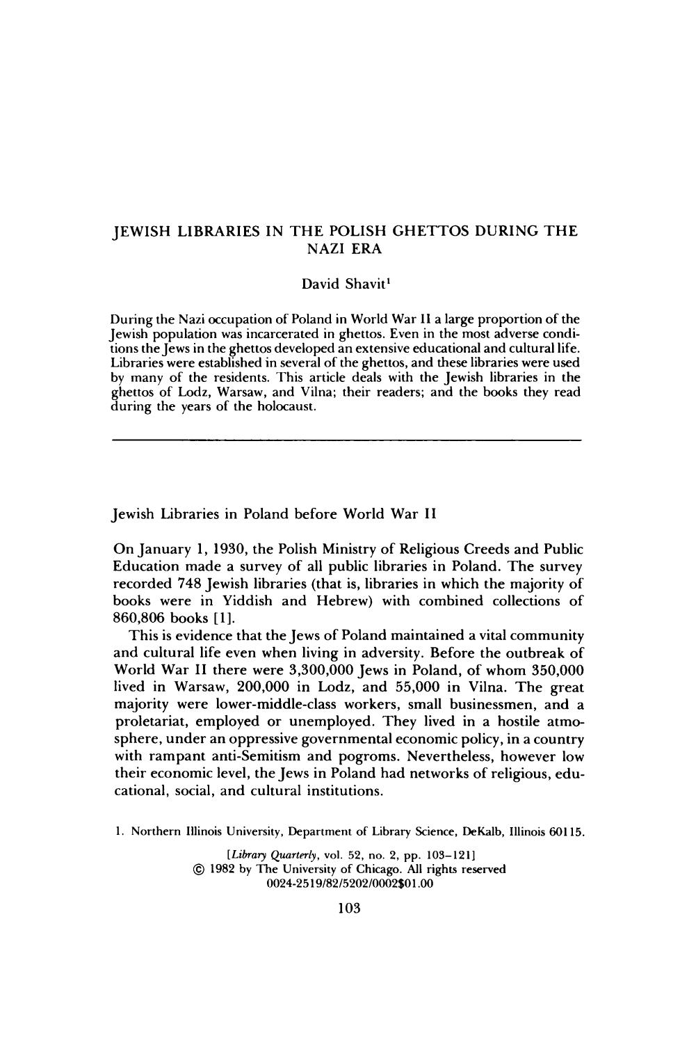 Jewish Libraries in the Polish Ghettos during the Nazi Era by Unknown