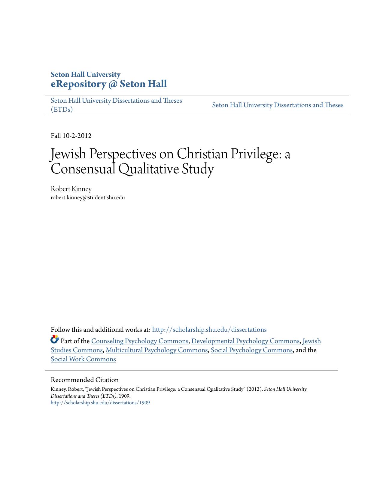 Jewish Perspectives on Christian Privilege: a Consensual Qualitative Study by Robert Kinney