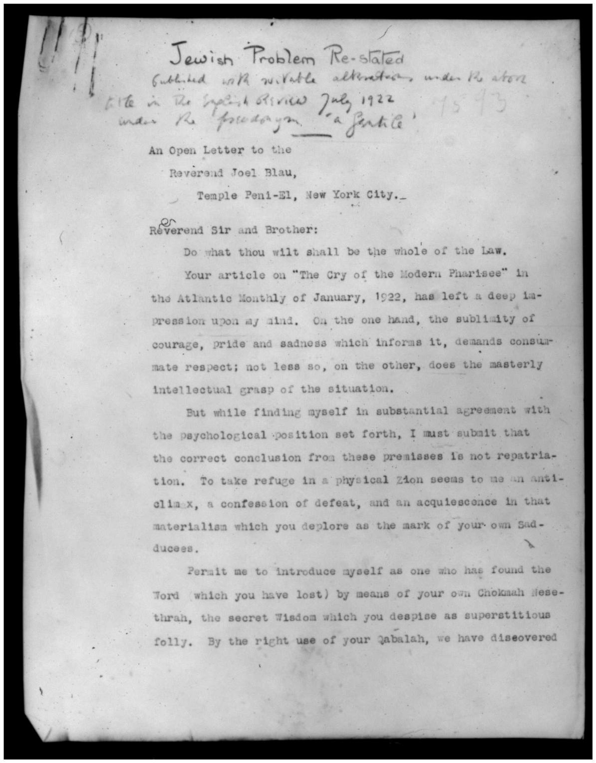 Jewish Problem Restated by Unknown