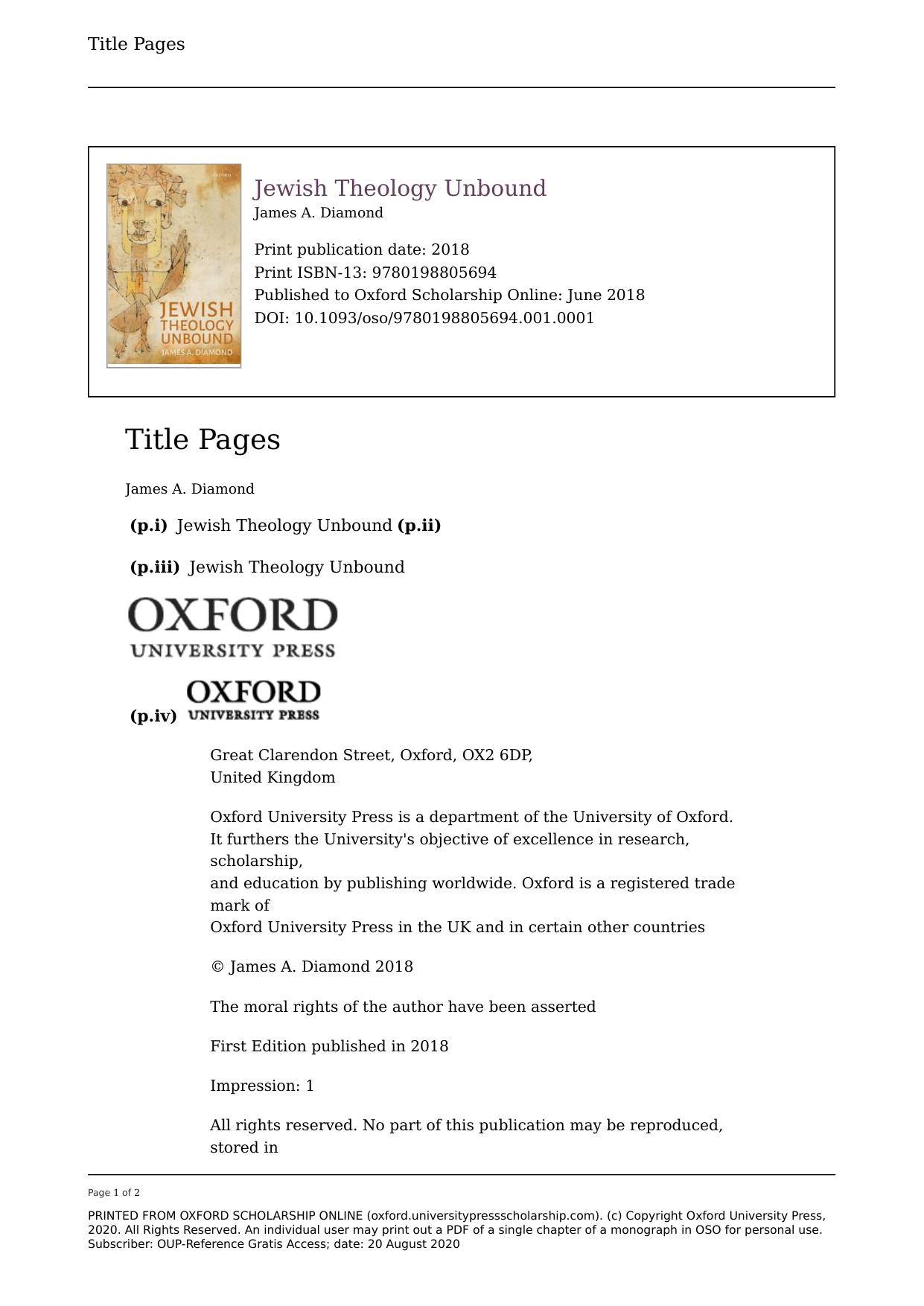 Jewish Theology Unbound by James A. Diamond