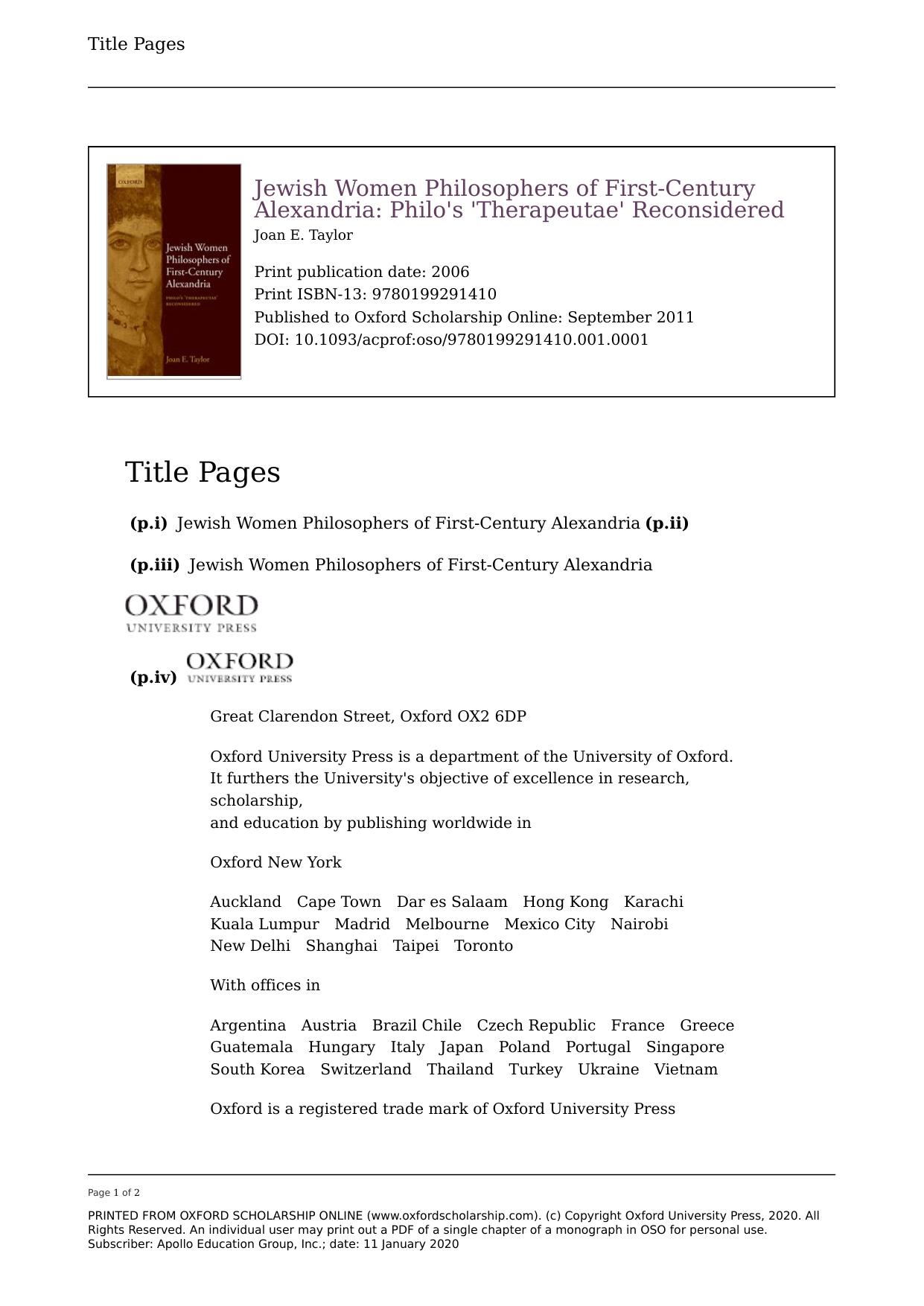 Jewish women philosophers of first-century Alexandria : Philoâs "Therapeutae" reconsidered by Taylor Joan E