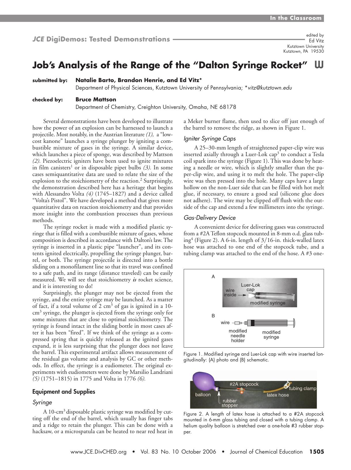 Job's Analysis of the Range of the "Dalton Syringe Rocket by Natalie Barto Brandon Henrie & Ed Vitz