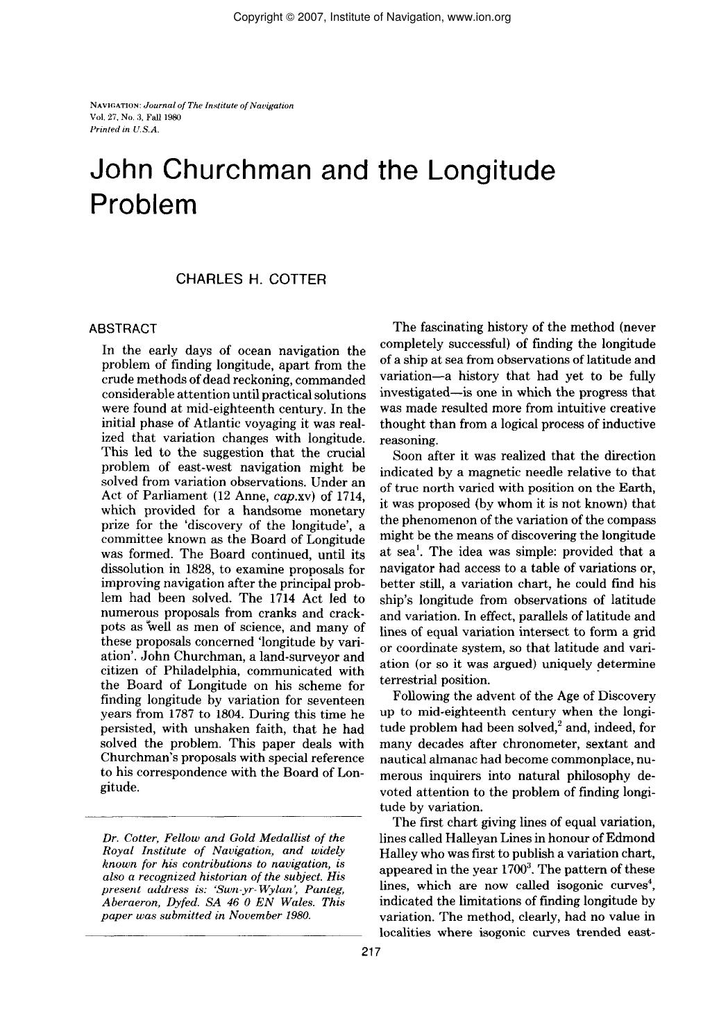 John Churchman and the Longitude Problem by CHARLES H. COTTER