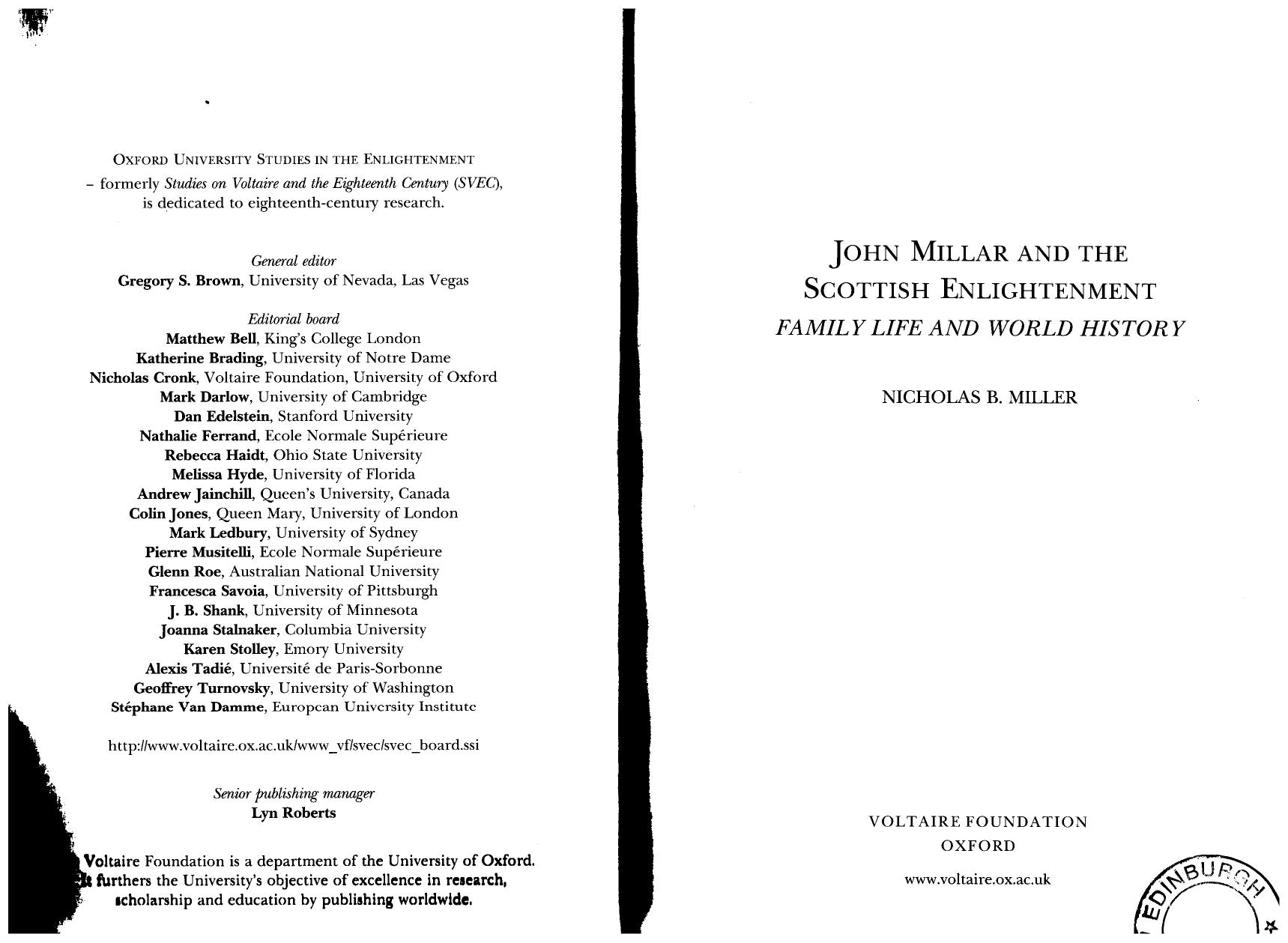 John Millar and the Scottish Enlightenment: Family Life and World History by Nicholas B. Miller