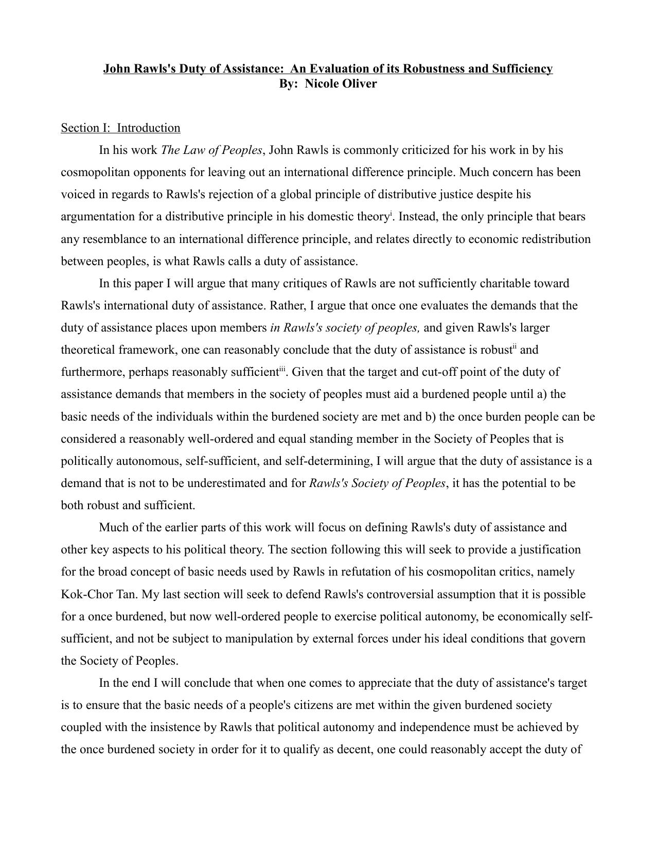 John Rawls' Duty Of Assistance [An Evaluation Of Its Robustness And Sufficiency] by Luke