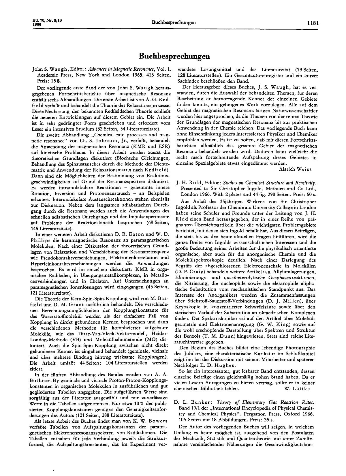 John S. Waugh, Editor: Advances in Magnetic Resonance, Vol. 1. Academic Press, New York and London 1965. 413 Seiten. Preis: 15[dollar] by Unknown
