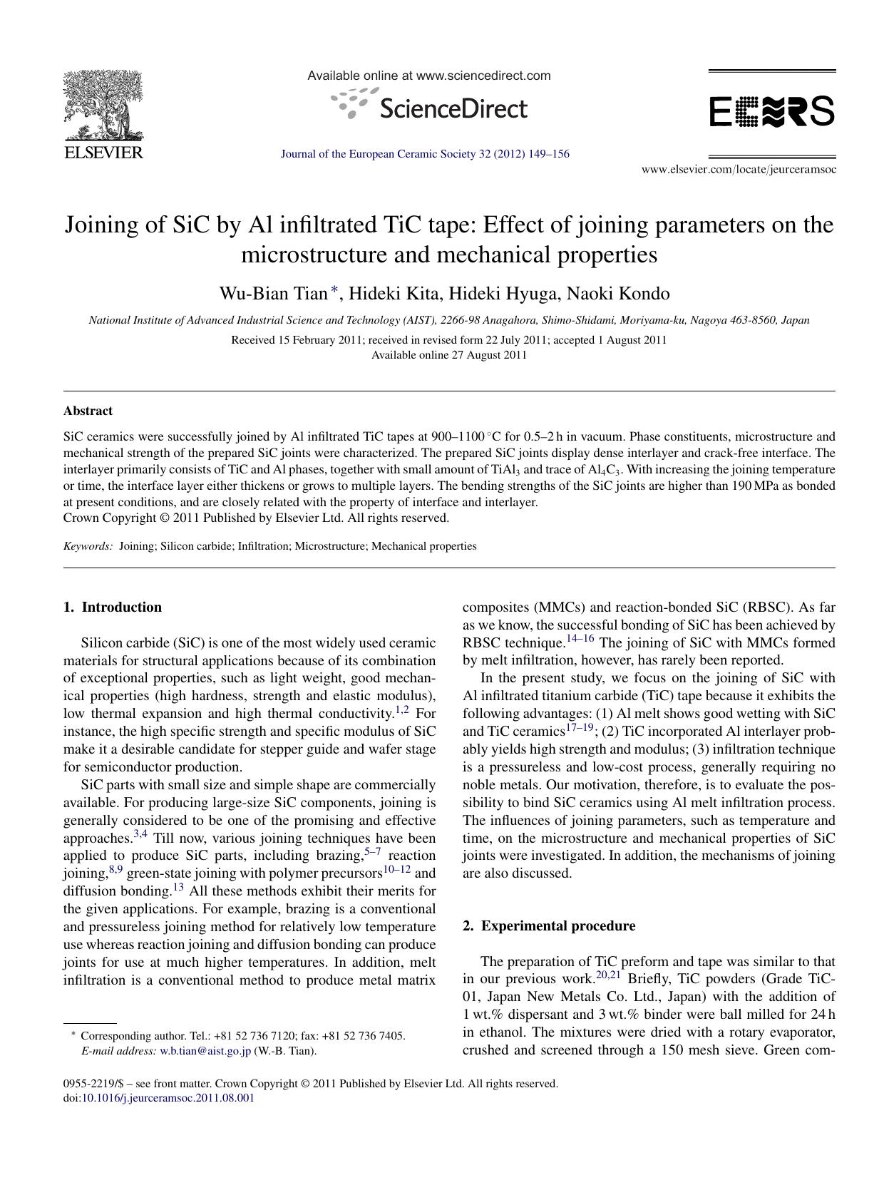 Joining of SiC by Al infiltrated TiC tape: Effect of joining parameters on the microstructure and mechanical properties by Wu-Bian Tian