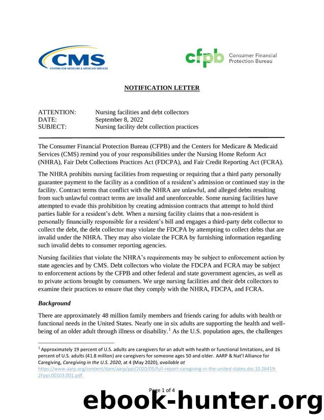 Joint letter: Nursing facility debt collection practices by Consumer Financial Protection Bureau