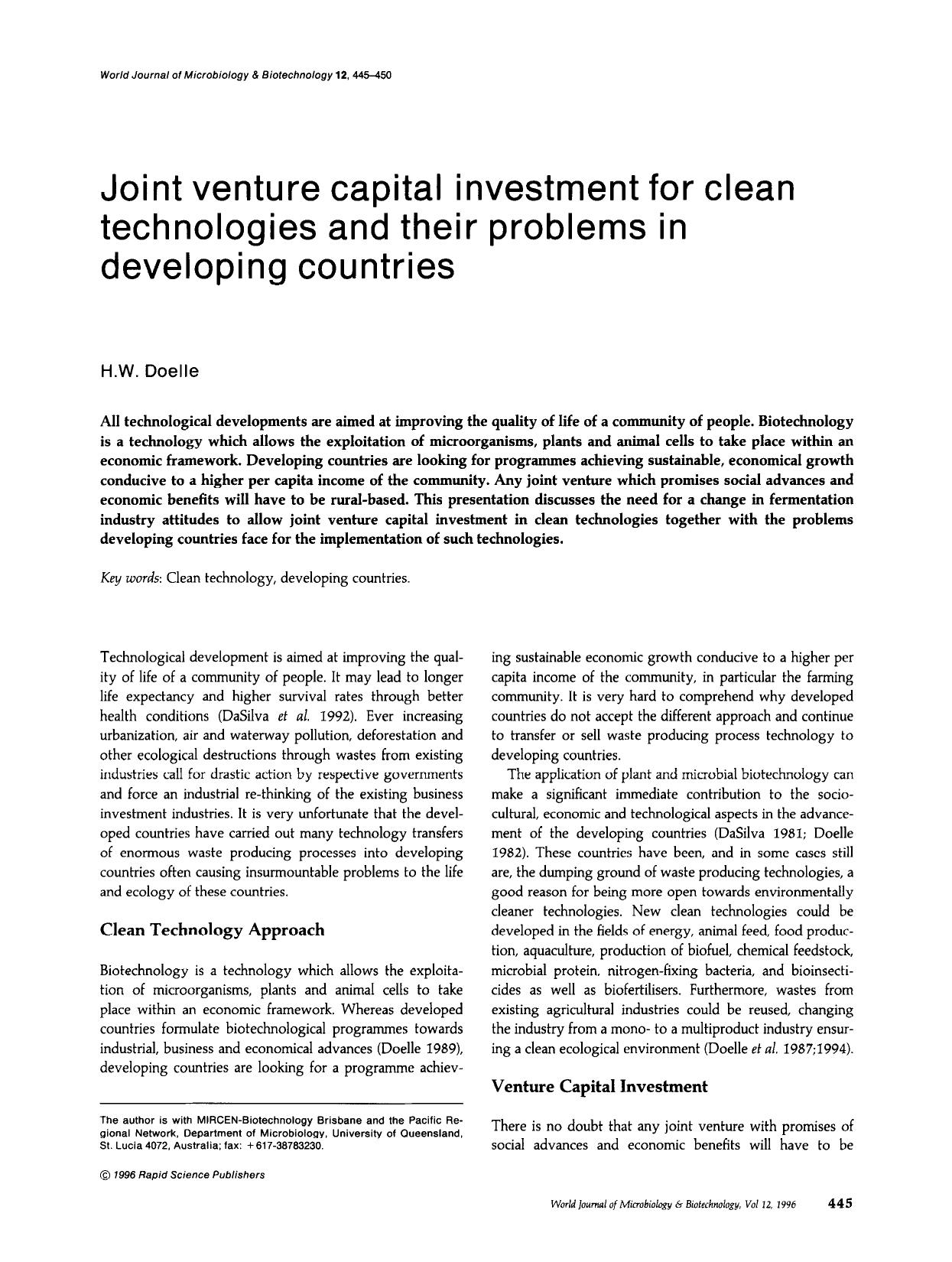 Joint venture capital investment for clean technologies and their problems in developing countries by Unknown