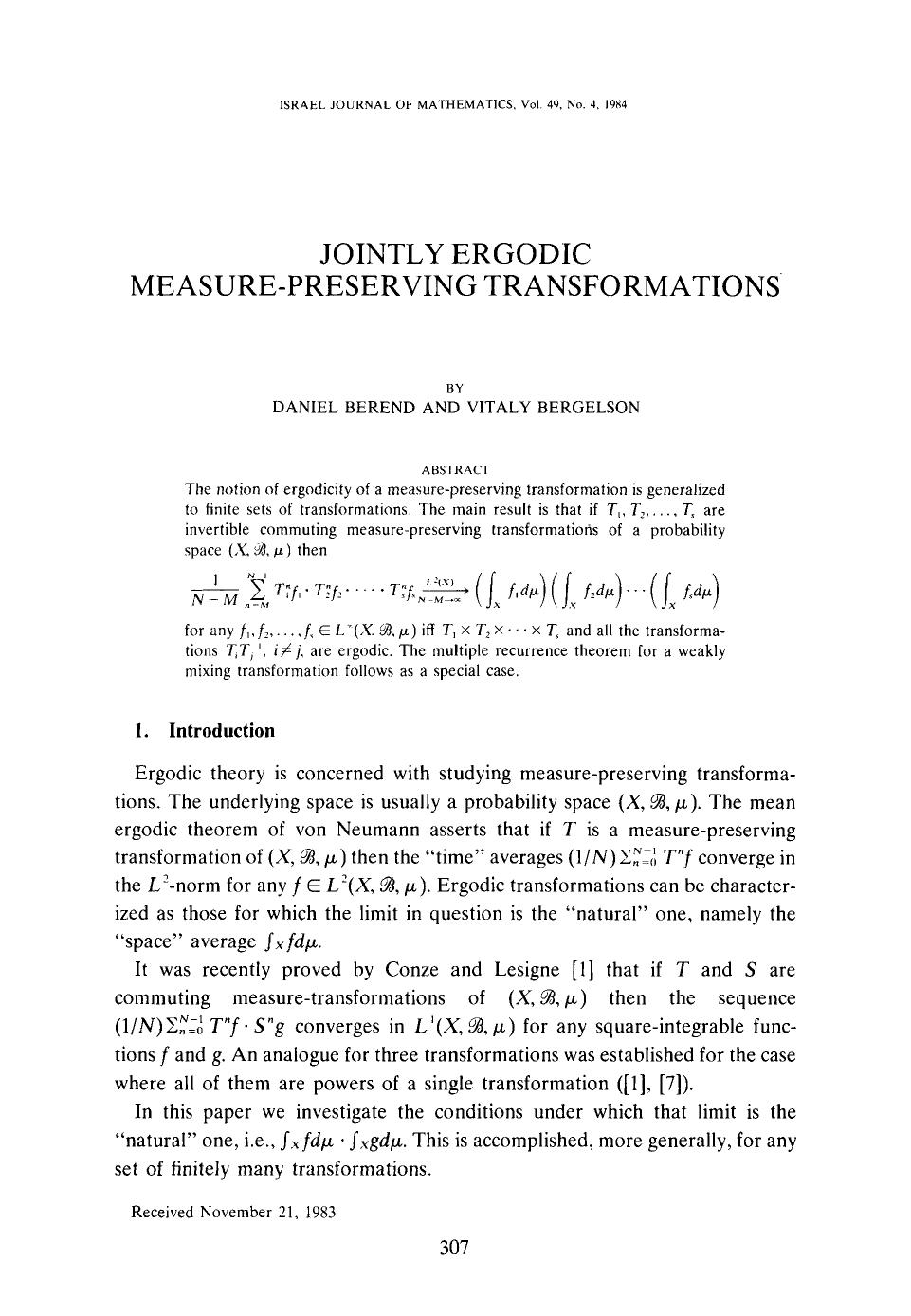 Jointly ergodic measure-preserving transformations by Unknown