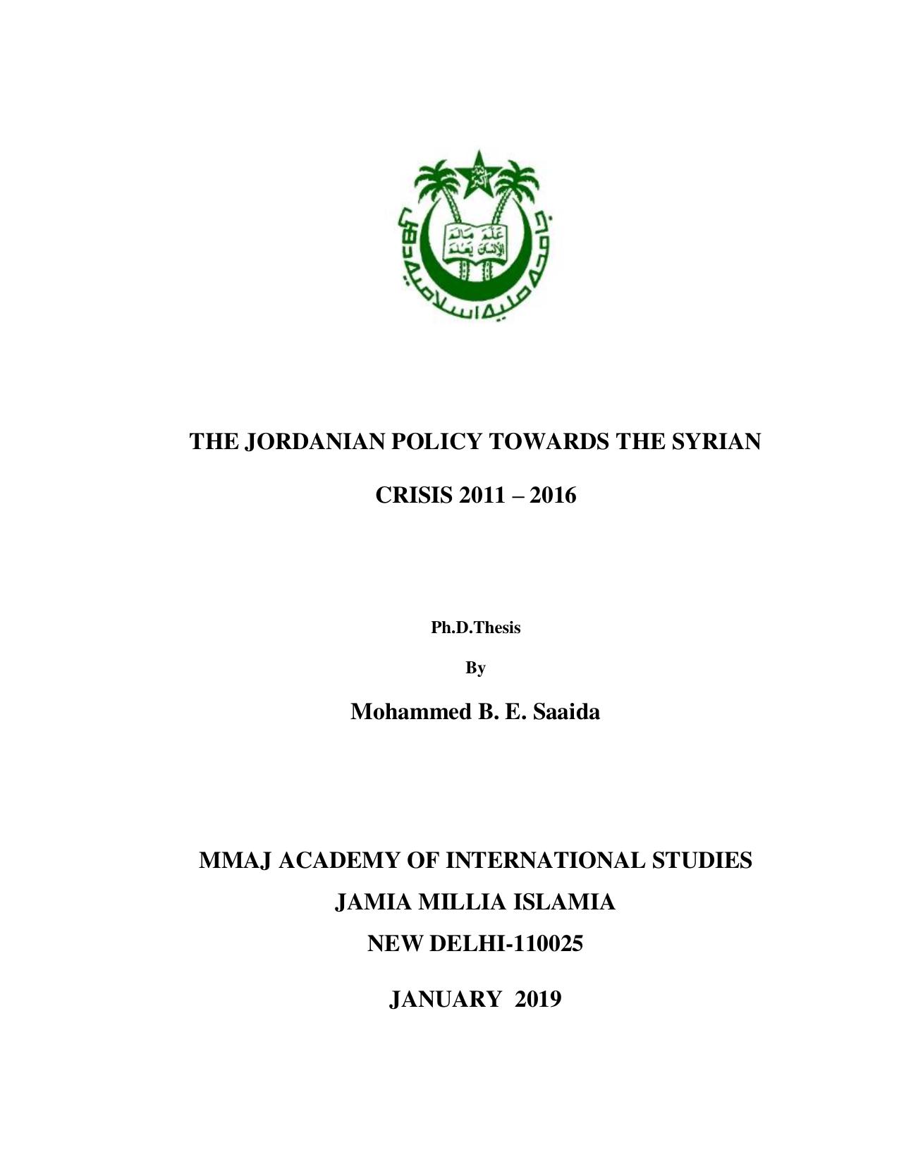 Jordanian policy towards the Syrian crisis 2011 2016 by Mohammed B. E. Saaida