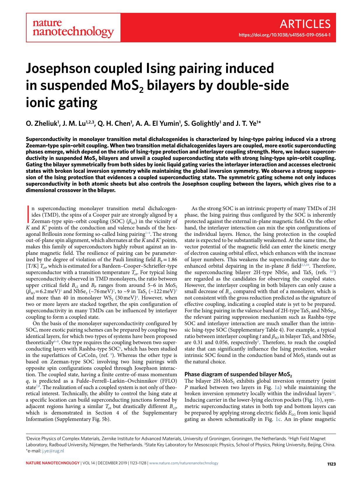 Josephson coupled Ising pairing induced in suspended MoS2 bilayers by double-side ionic gating by O. Zheliuk & J. M. Lu & Q. H. Chen & A. A. El Yumin & S. Golightly & J. T. Ye
