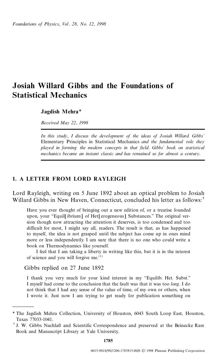 Josiah Willard Gibbs and the Foundations of Statistical Mechanics by Unknown