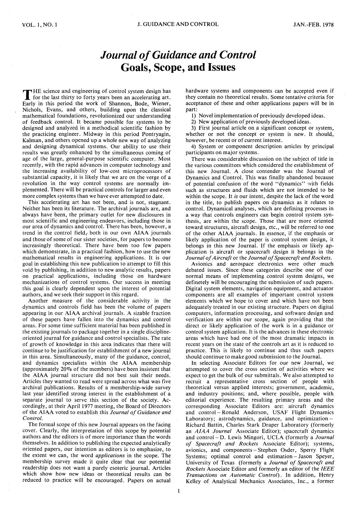 Journal of Guidance and Control Goals, Scope, and Issues by Unknown