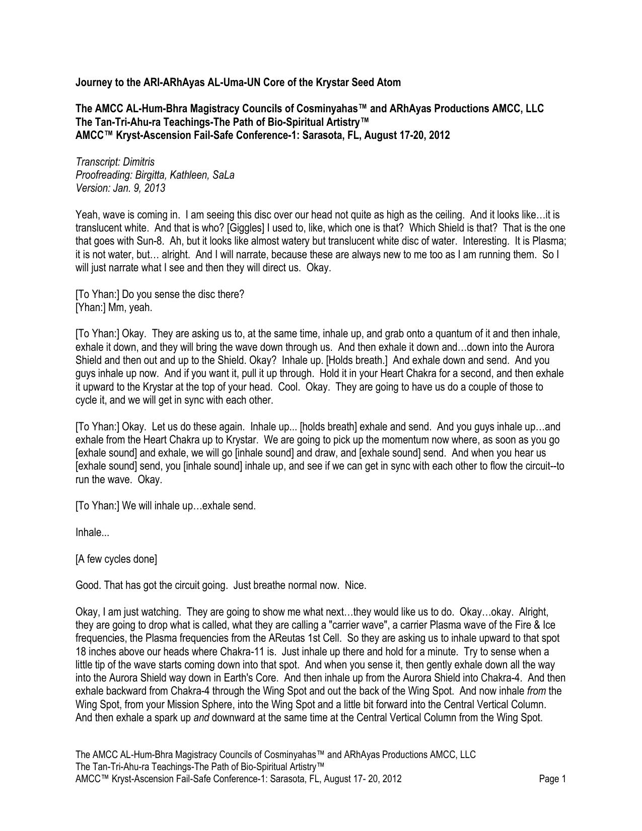 Journey to the ARI-ARhAYas AL-Uma-UN Core (Transcript) by Kathleen McIntyre