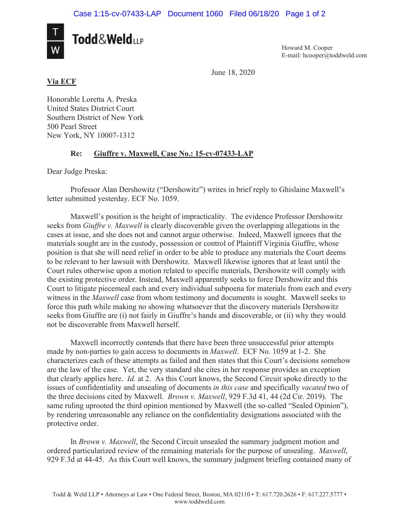 Judge Preska from Cooper 6-18-2020 (Giuffre v Maxwell) 4844-3979-4880 v.2 by Maria Georgakopoulos