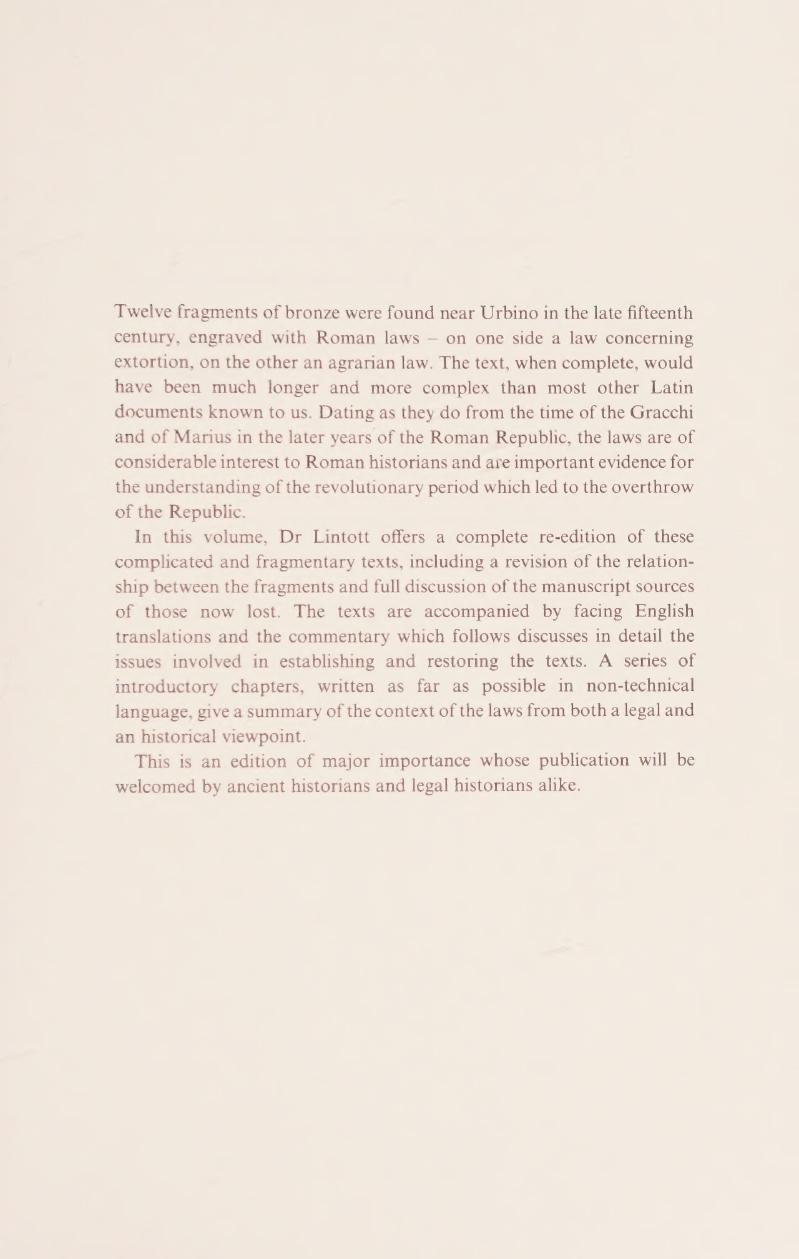 Judicial Reform and Land Reform in the Roman Republic: A New Edition, with Translation and Commentary, of the Laws from Urbino by Andrew William Lintott