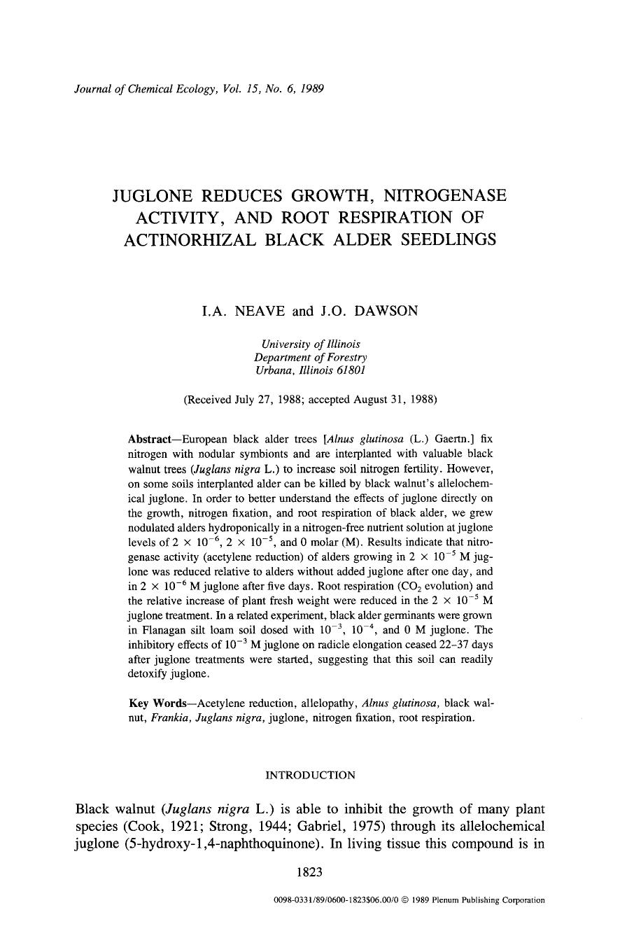 Juglone reduces growth, nitrogenase activity, and root respiration of actinorhizal black alder seedlings by Unknown