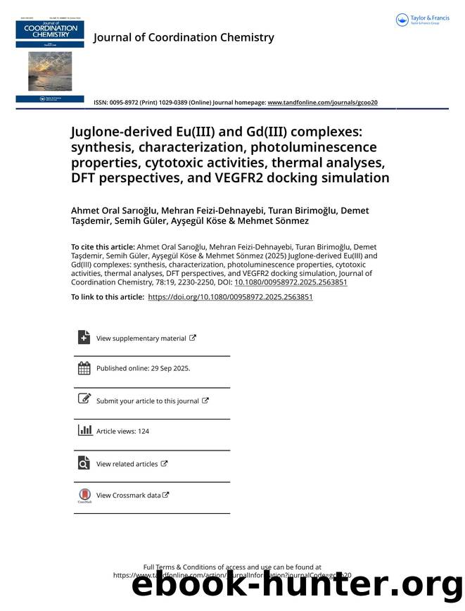 Juglone-derived Eu(III) and Gd(III) complexes: synthesis, characterization, photoluminescence properties, cytotoxic activities, thermal analyses, DFT perspectives, and VEGFR2 docking simulation by unknow