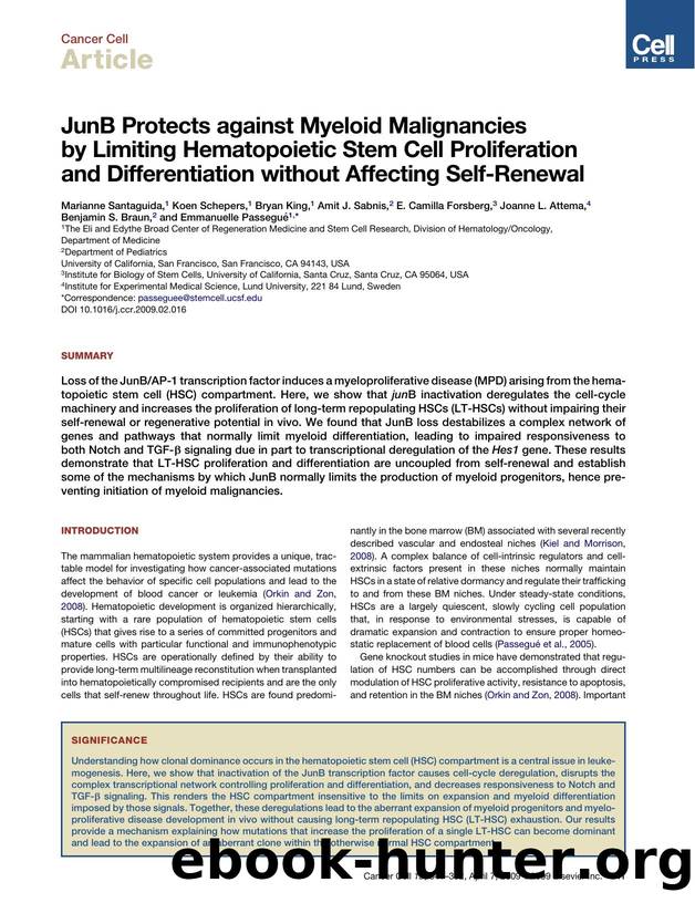 JunB Protects against Myeloid Malignancies by Limiting Hematopoietic Stem Cell Proliferation and Differentiation without Affecting Self-Renewal by unknow