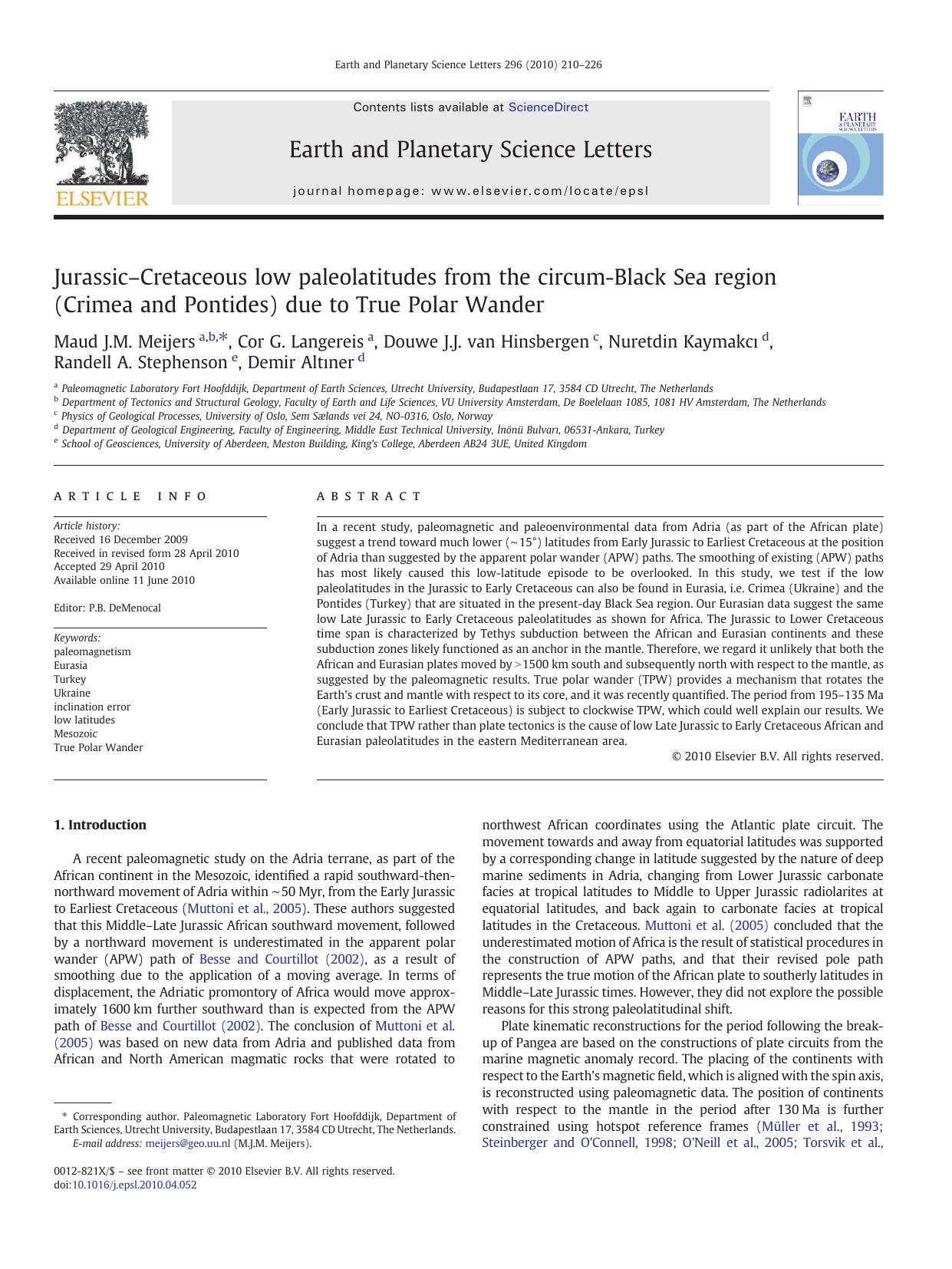 JurassicâCretaceous low paleolatitudes from the circum-Black Sea region (Crimea and Pontides) due to True Polar Wander by unknow