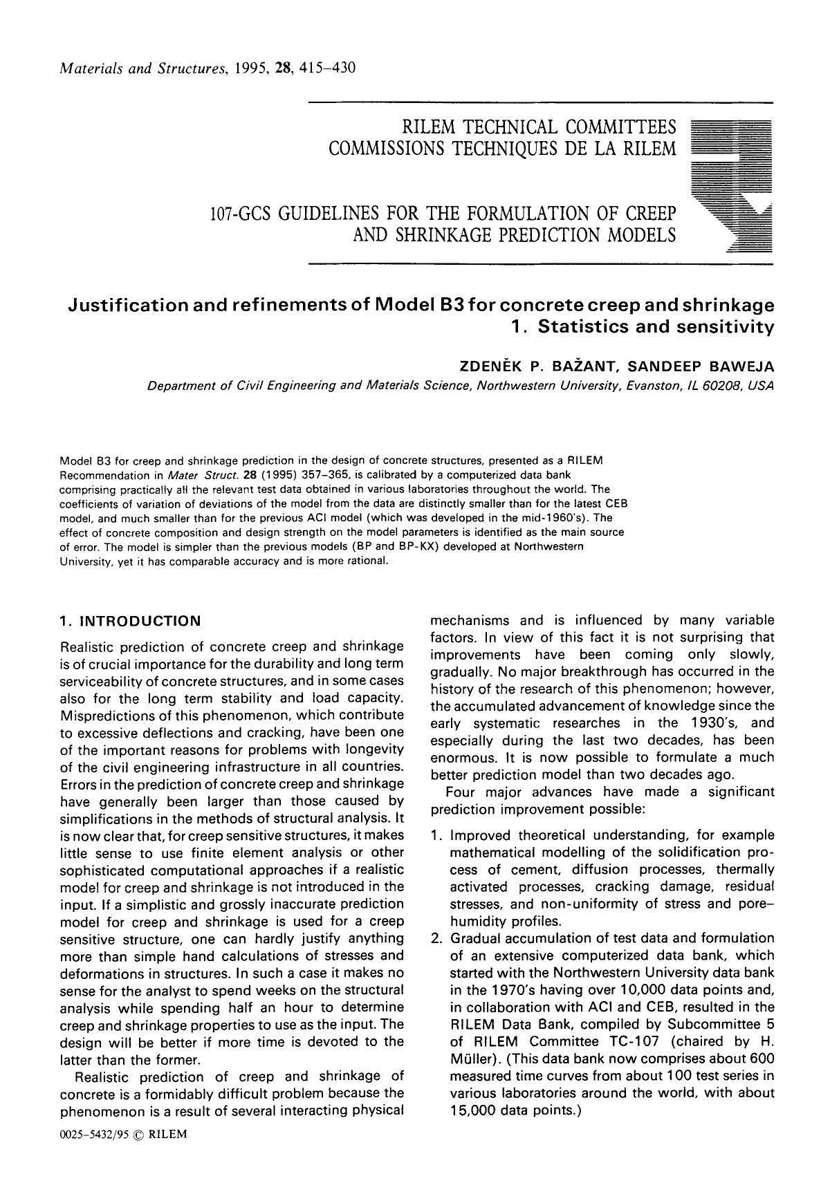 Justification and refinements of model B3 for concrete creep and shrinkage 1. statistics and sensitivity by Unknown