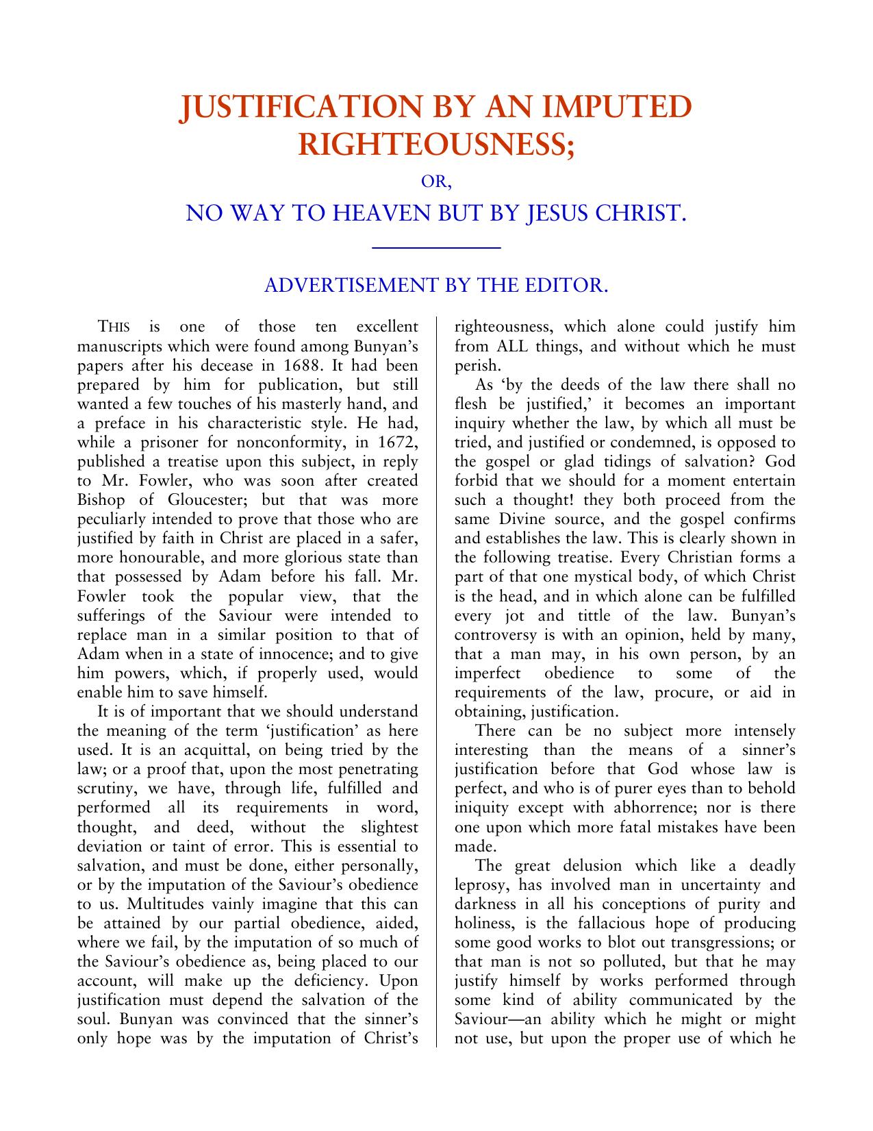 Justification by an imputed righteousness by John Bunyan