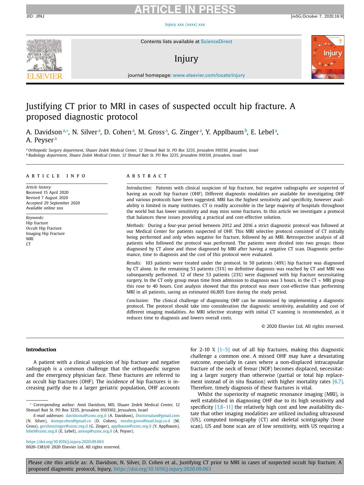 Justifying CT prior to MRI in cases of suspected occult hip fracture. A proposed diagnostic protocol by A. Davidson & N. Silver & D. Cohen & M. Gross & G. Zinger & Y. Applbaum & E. Lebel & A. Peyser