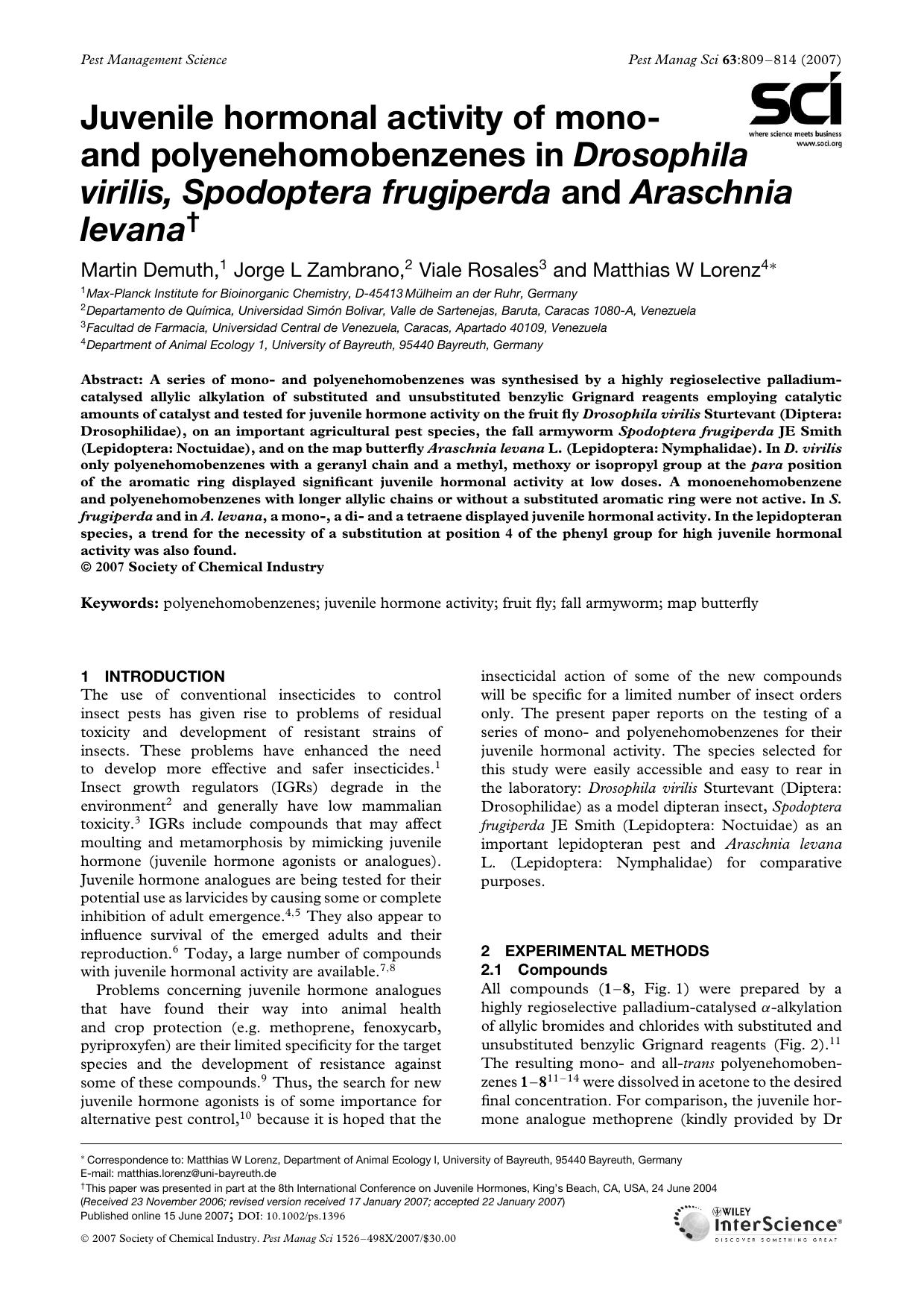 Juvenile hormonal activity of mono- and polyenehomobenzenes in Drosophila virilis, Spodoptera frugiperda and Araschnia levana by Unknown