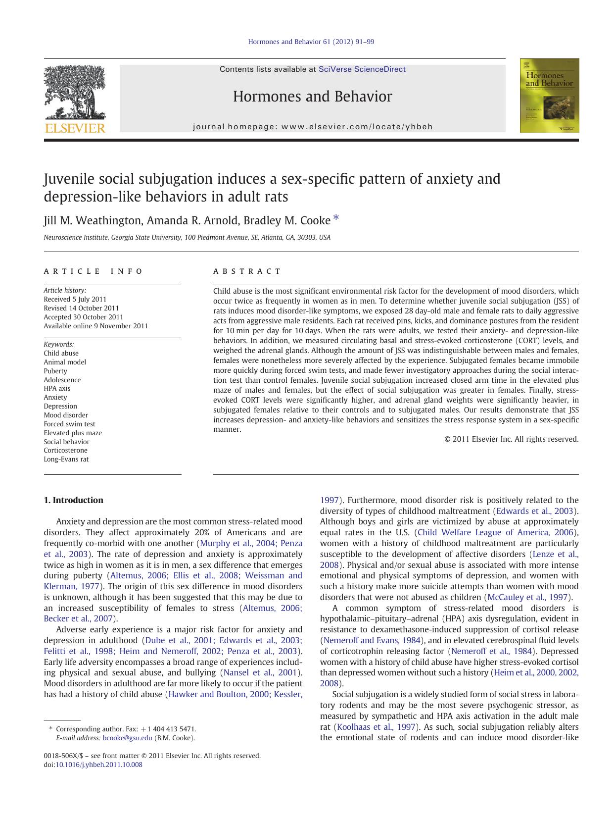 Juvenile social subjugation induces a sex-specific pattern of anxiety and depression-like behaviors in adult rats by Jill M. Weathington & Amanda R. Arnold & Bradley M. Cooke