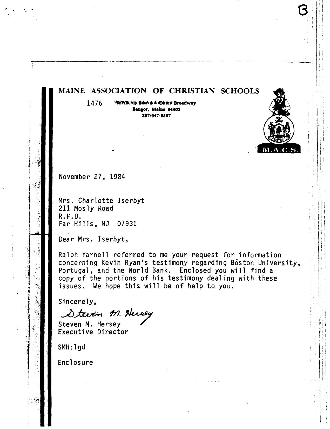 K Ryan Testimony regarding BU-Portugal and the World Bank-Funding of teacher training-1984-6pgs-EDU by Unknown