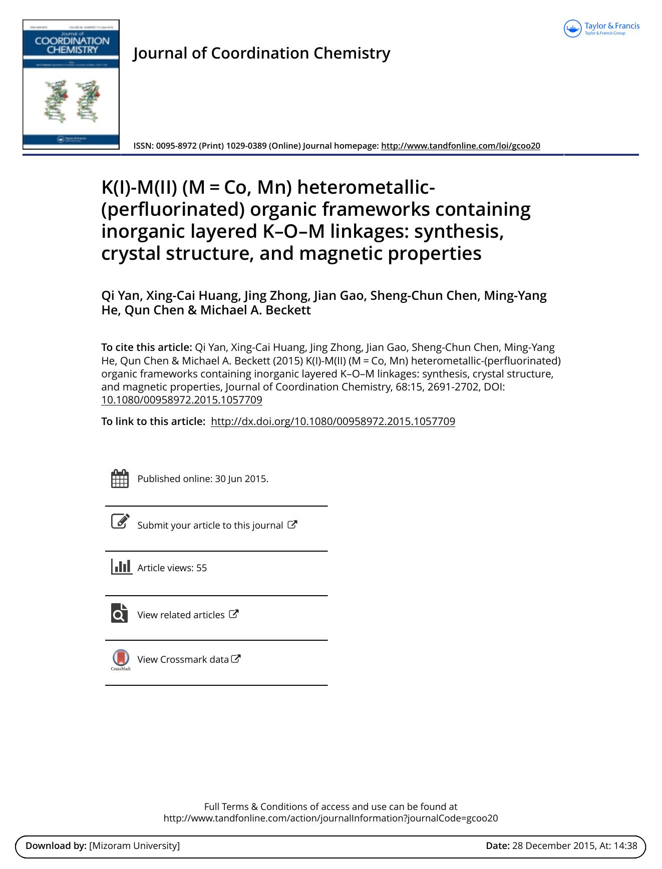 K(I)-M(II) (Mâ=âCo, Mn) heterometallic-(perfluorinated) organic frameworks containing inorganic layered KâOâM linkages: synthesis, crystal structure, and magnetic properties by Qi Yan