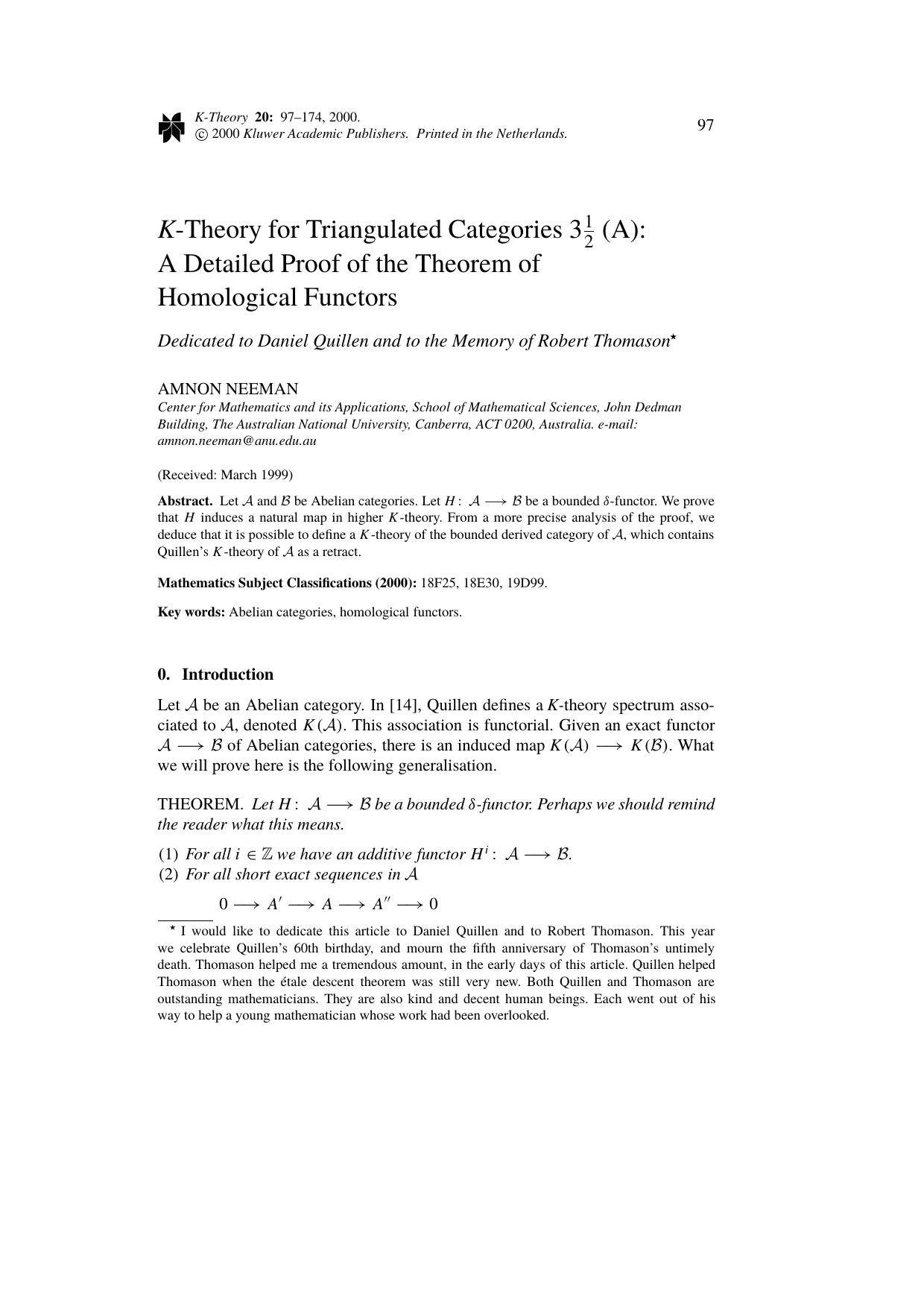 K-Theory for Triangulated Categories 3 12 (A): A Detailed Proof of the Theorem of Homological Functors Dedicated to Daniel Quillen and to the Memory of Robert Thomason by Unknown
