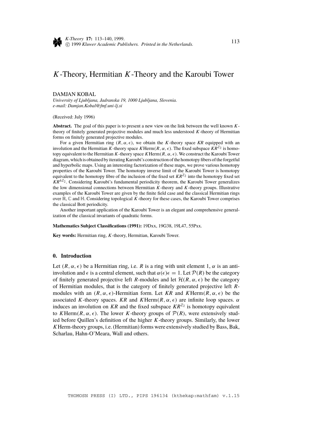 K-Theory, Hermitian K-Theory and the Karoubi Tower by Unknown
