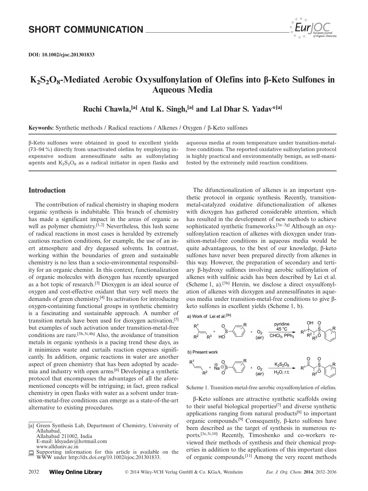K2S2O8Mediated Aerobic Oxysulfonylation of Olefins into Keto Sulfones in Aqueous Media by Unknown