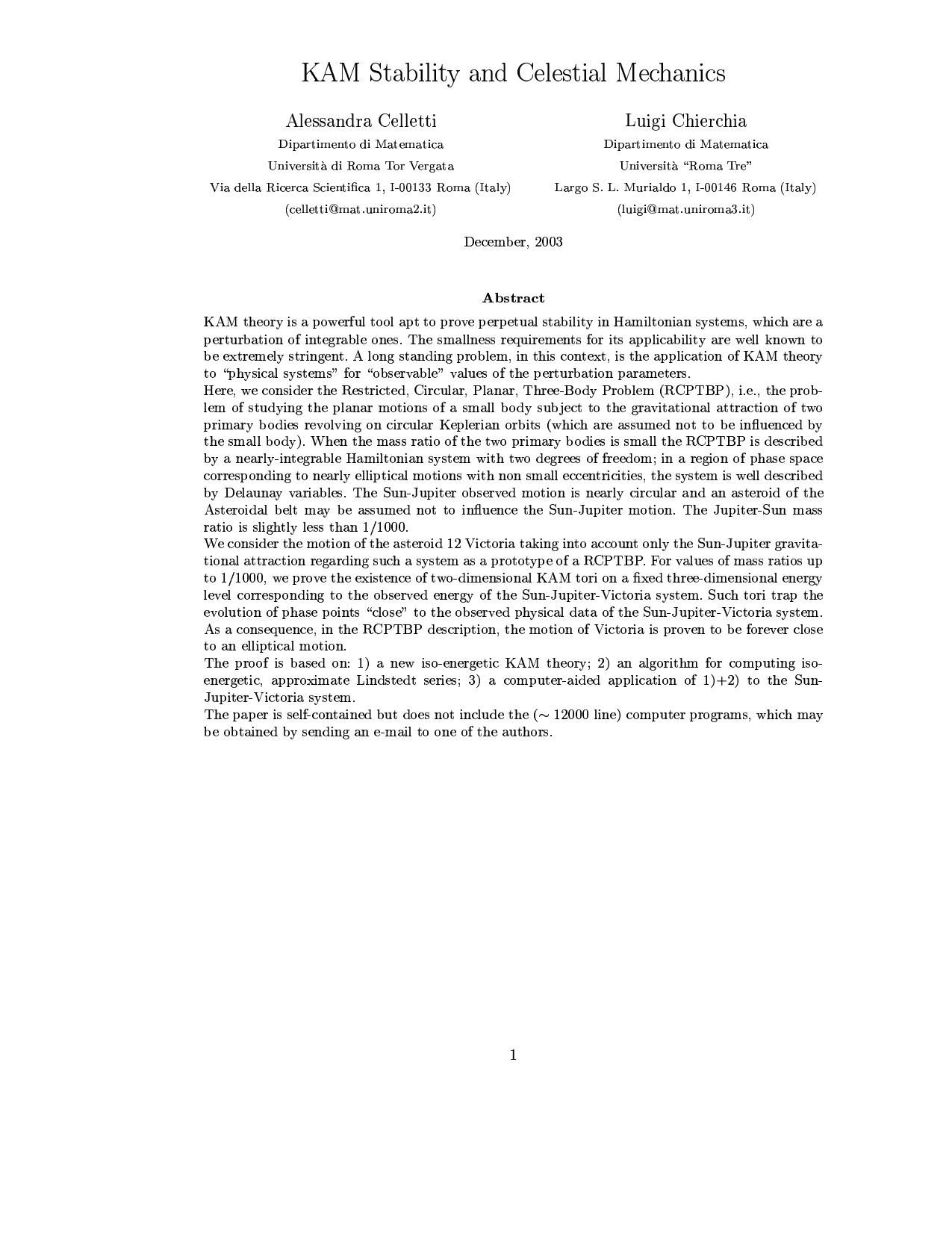 KAM stability and celestial mechanics by Alessandra Celletti Luigi Chierchia