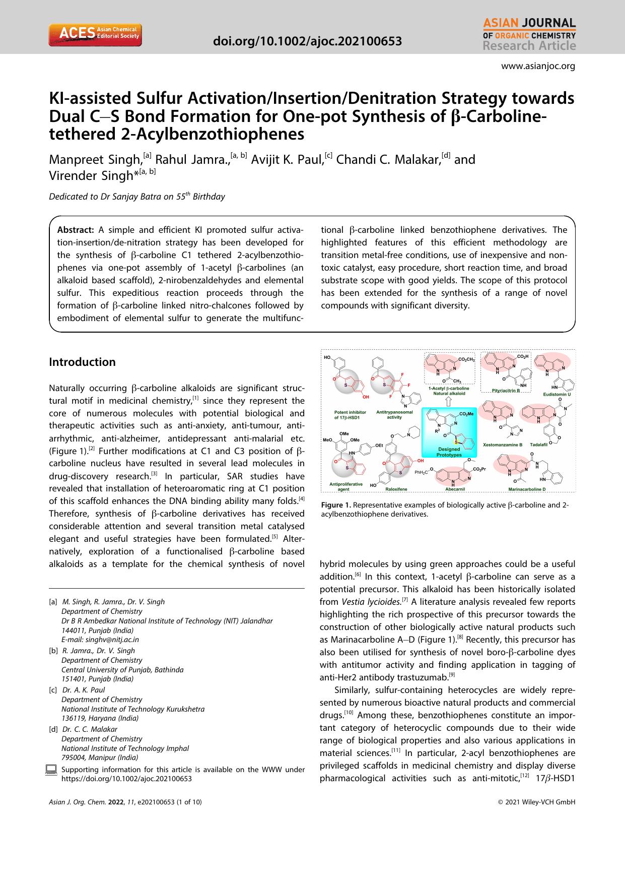 KIâassisted Sulfur ActivationInsertionDenitration Strategy towards Dual CâS Bond Formation for Oneâpot Synthesis of Î²âCarbolineâtethered 2âAcylbenzothiophenes by Unknown