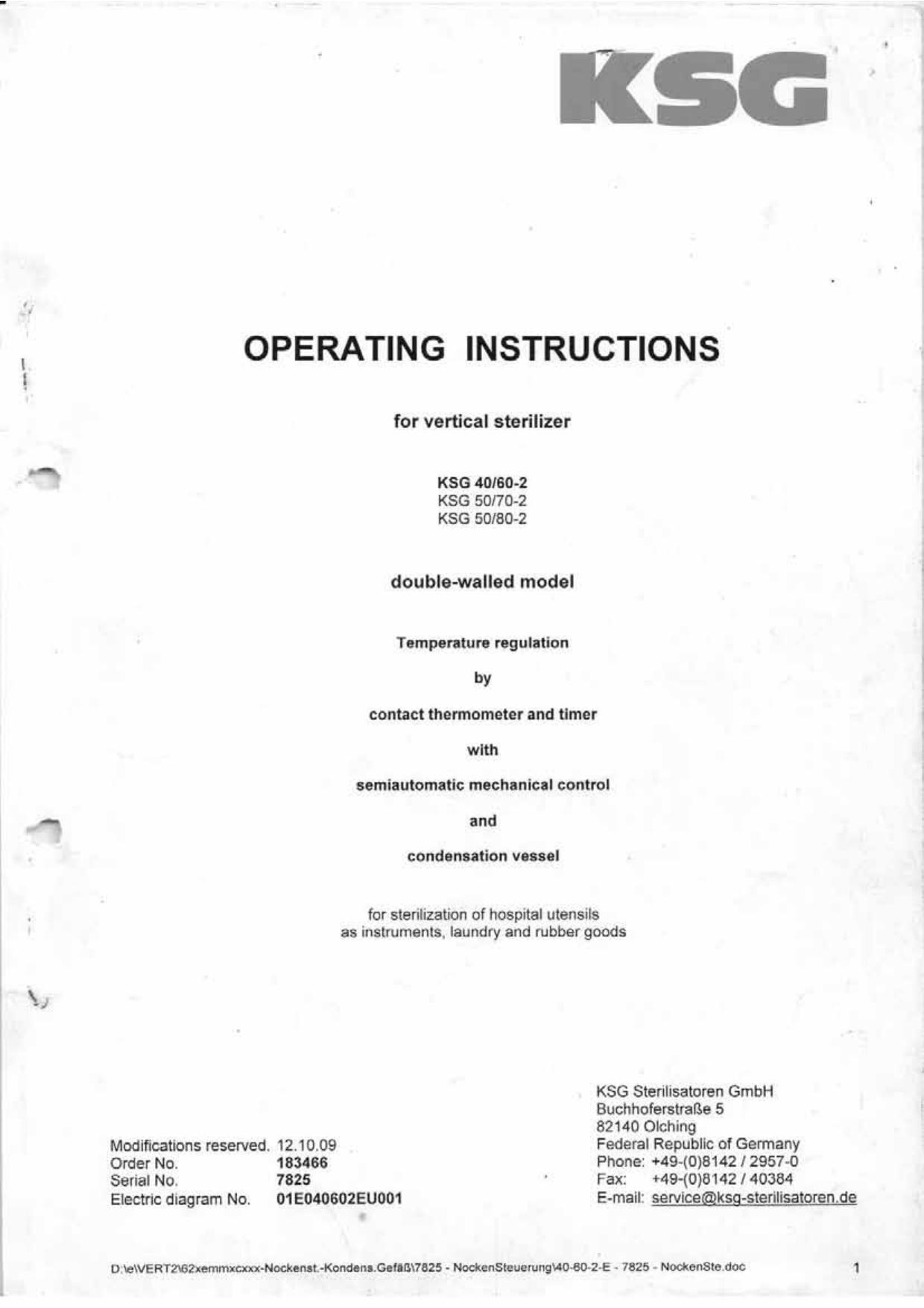 KSG 40-60-2, 50-70-2, 50-80-2 Vertical Autoclave by User & service manual
