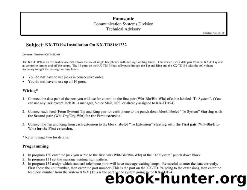 KX-TD 816-1232 Tech Advisory For 194 SLT Installation by Unknown