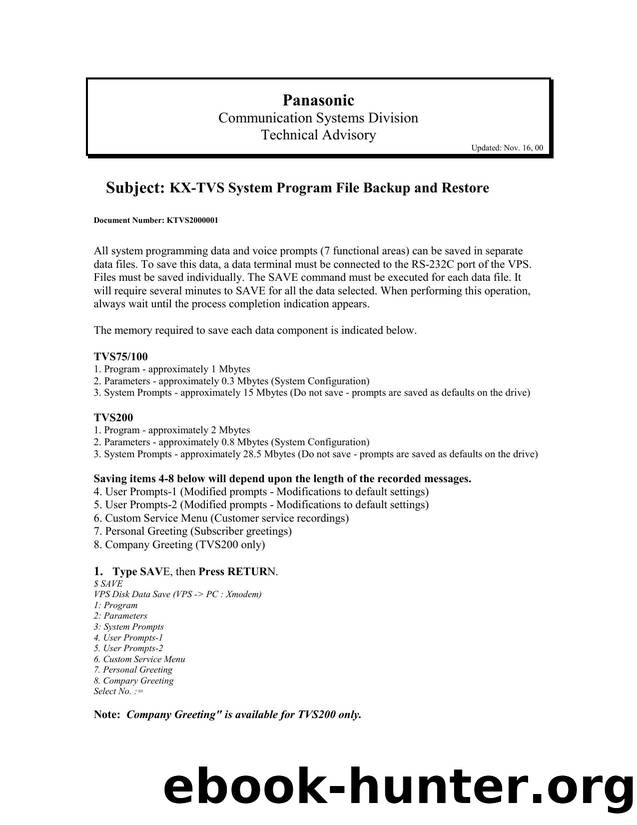 KX-TVS Tech Adnisory Backup And Restore by Unknown