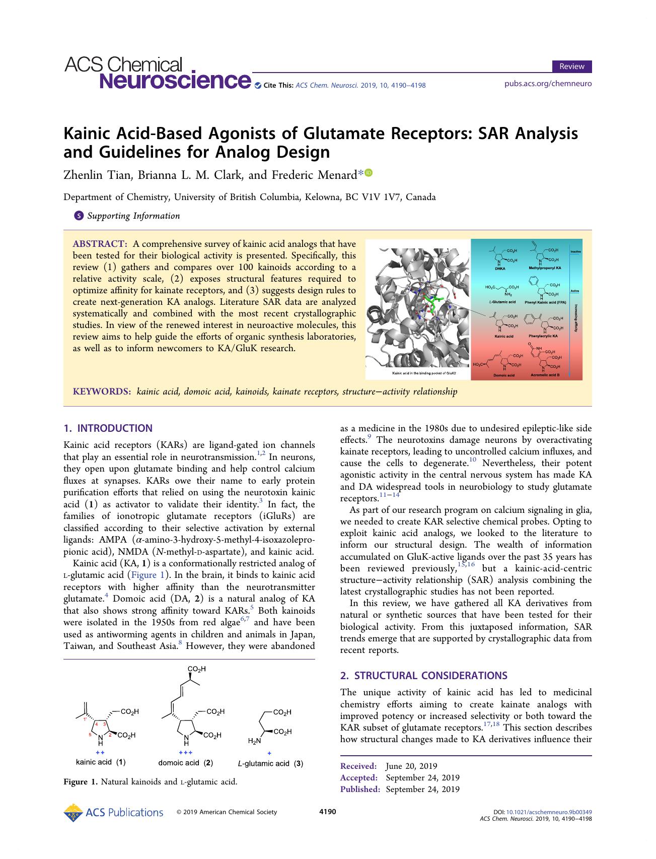 Kainic Acid-Based Agonists of Glutamate Receptors: SAR Analysis and Guidelines for Analog Design by Zhenlin Tian Brianna L. M. Clark and Frederic Menard