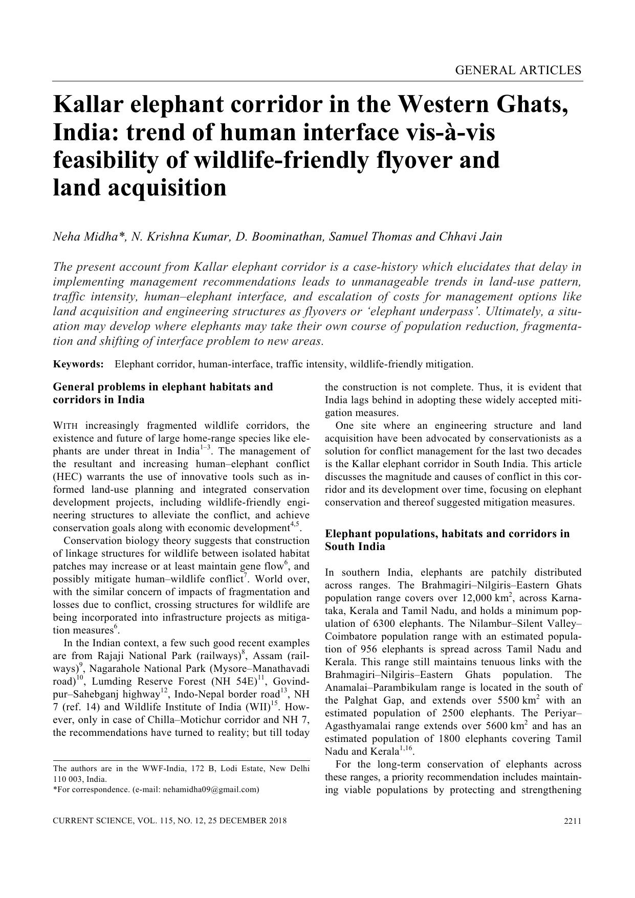 Kallar elephant corridor in the Western Ghats, India: trend of human interface vis-aÌ-vis feasibility of wildlife-friendly flyover and land acquisition by Neha Midha N. Krishna Kumar D. Boominathan Samuel Thomas Chhavi Jain
