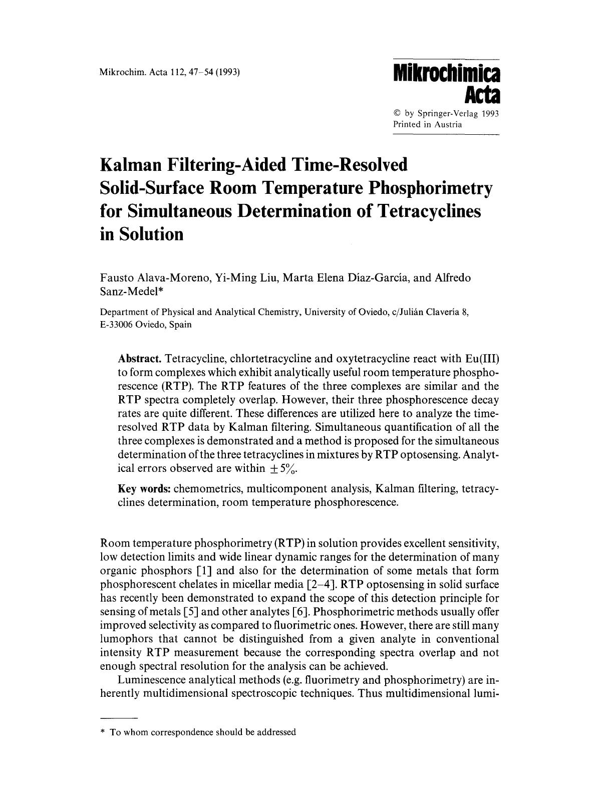 Kalman filtering-aided time-resolved solid-surface room temperature phosphorimetry for simultaneous determination of tetracyclines in solution by Unknown