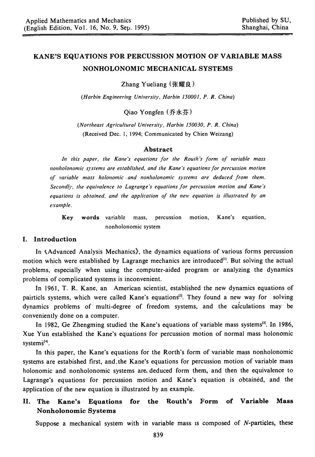 Kane's equations for percussion motion of variable mass nonholonomic mechanical systems by Unknown
