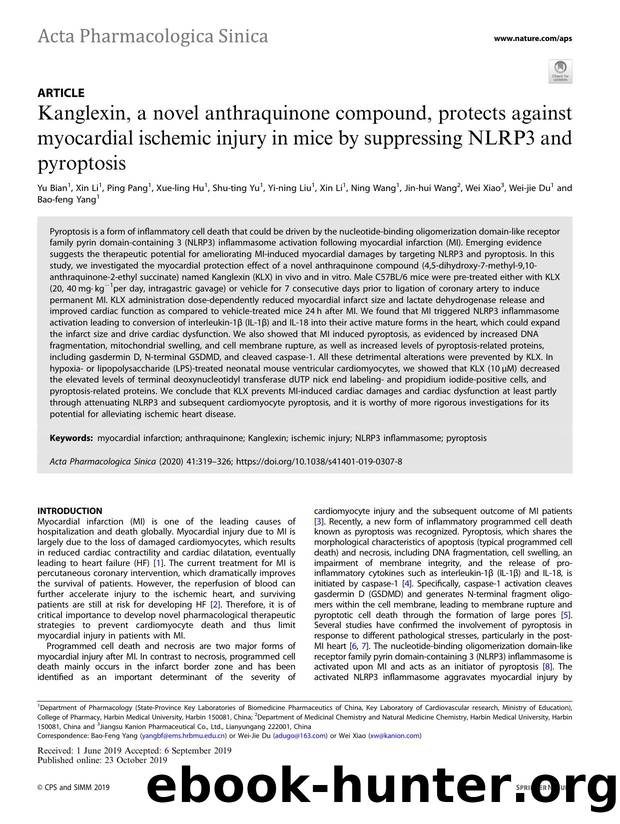 Kanglexin, a novel anthraquinone compound, protects against myocardial ischemic injury in mice by suppressing NLRP3 and pyroptosis by unknow