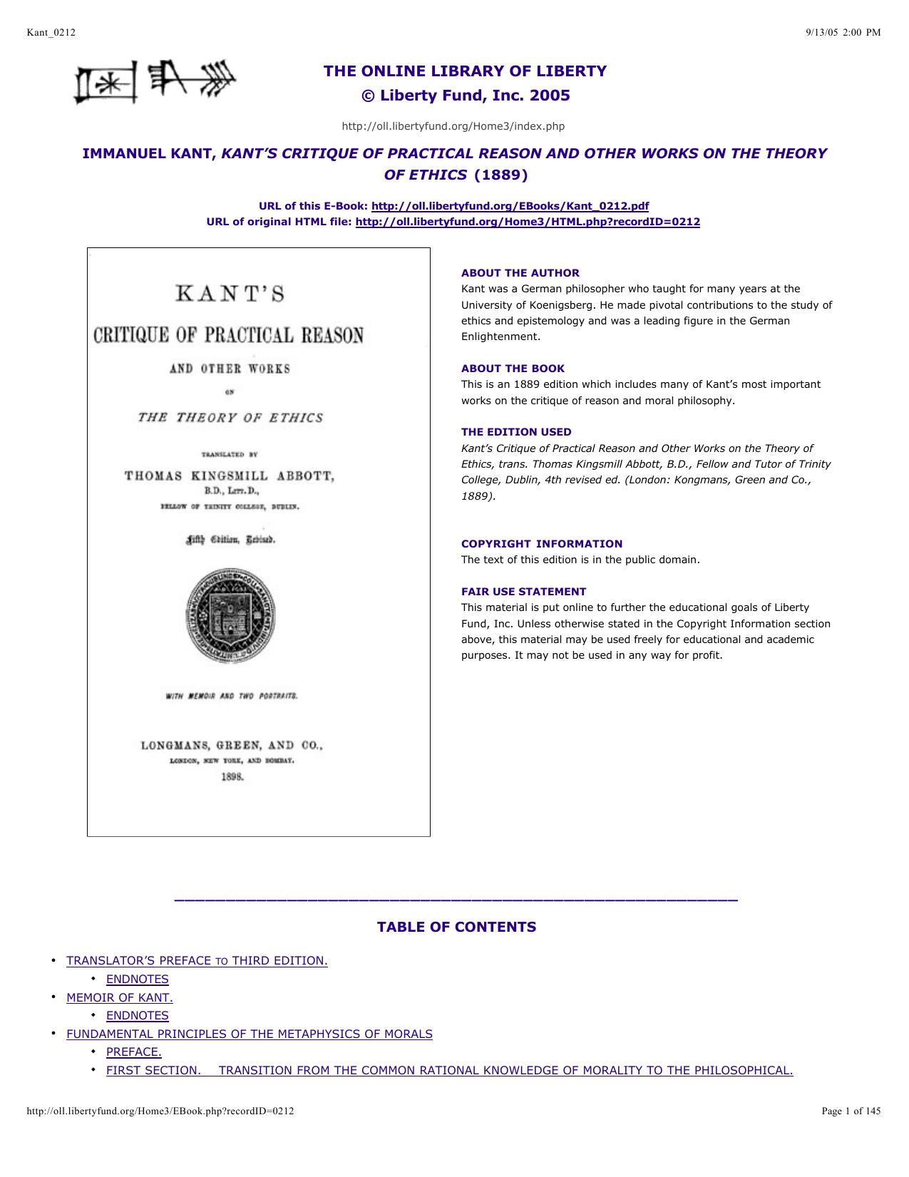 Kant - Moral Philosophy - groundwork - crit of prac reason by intro to metaphysics of morals