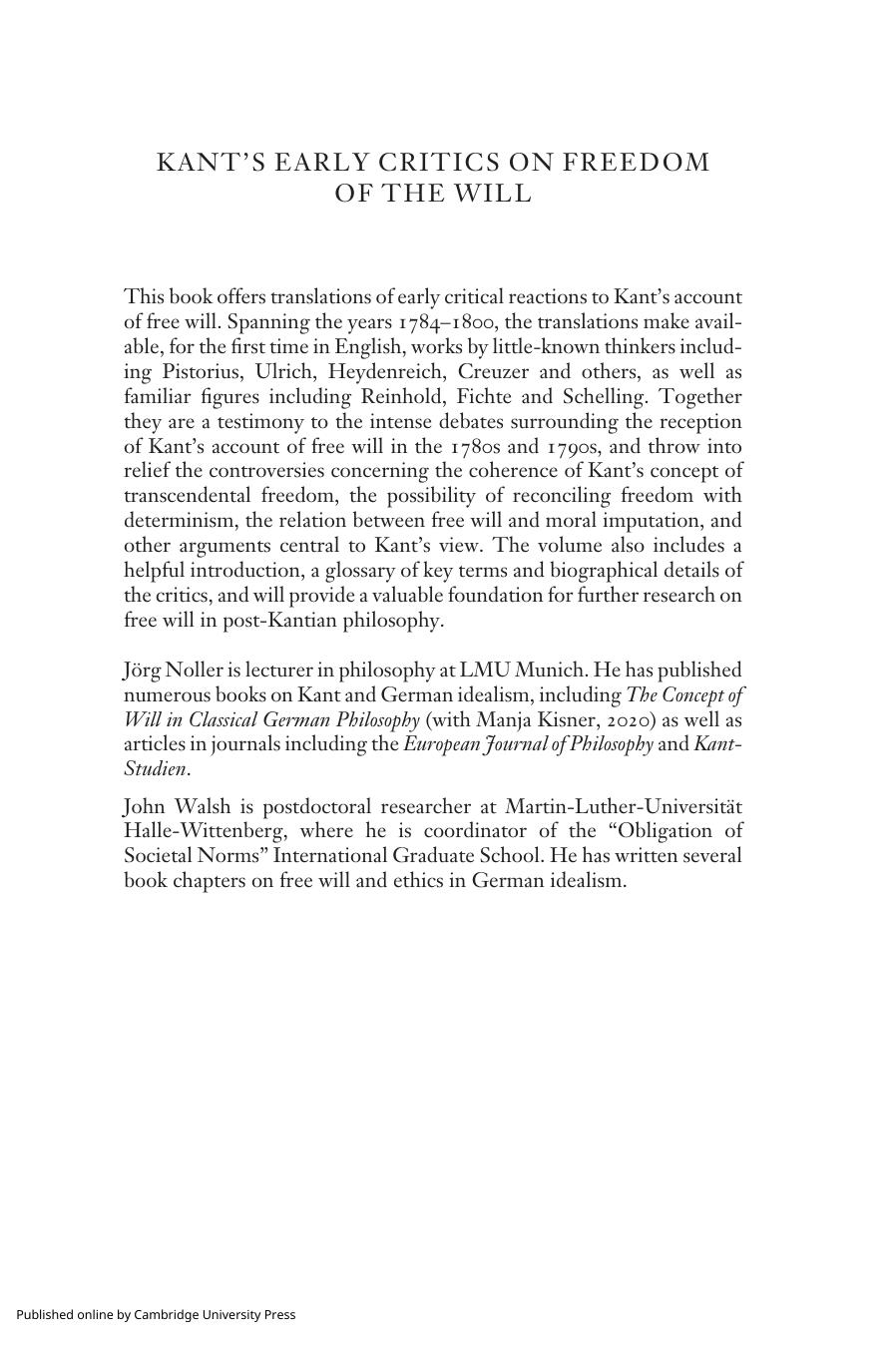 Kant's Early Critics on Freedom of the Will by Jörg Noller John Walsh