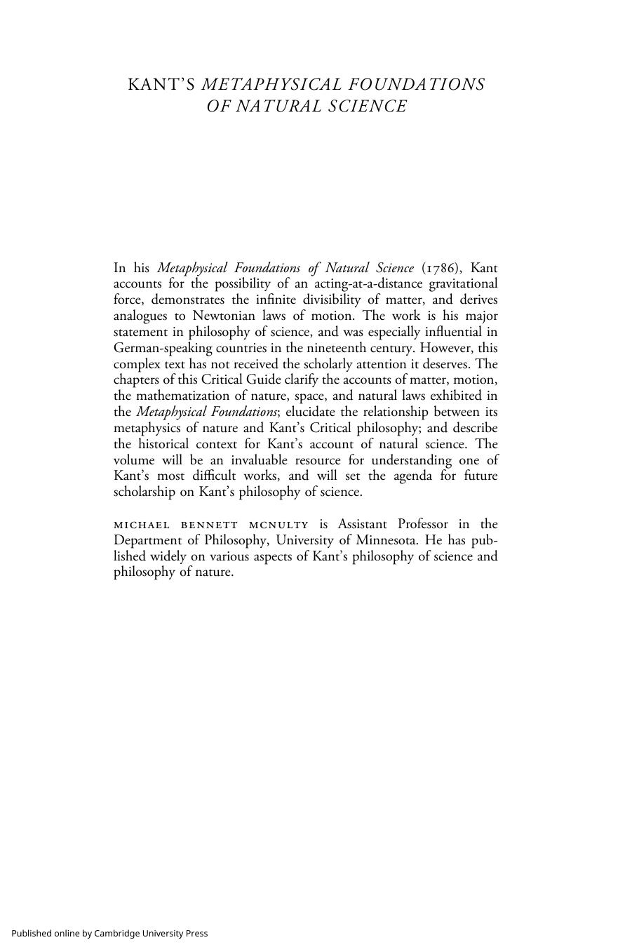 Kant's Metaphysical Foundations of Natural Science: A Critical Guide by Michael Bennett McNulty