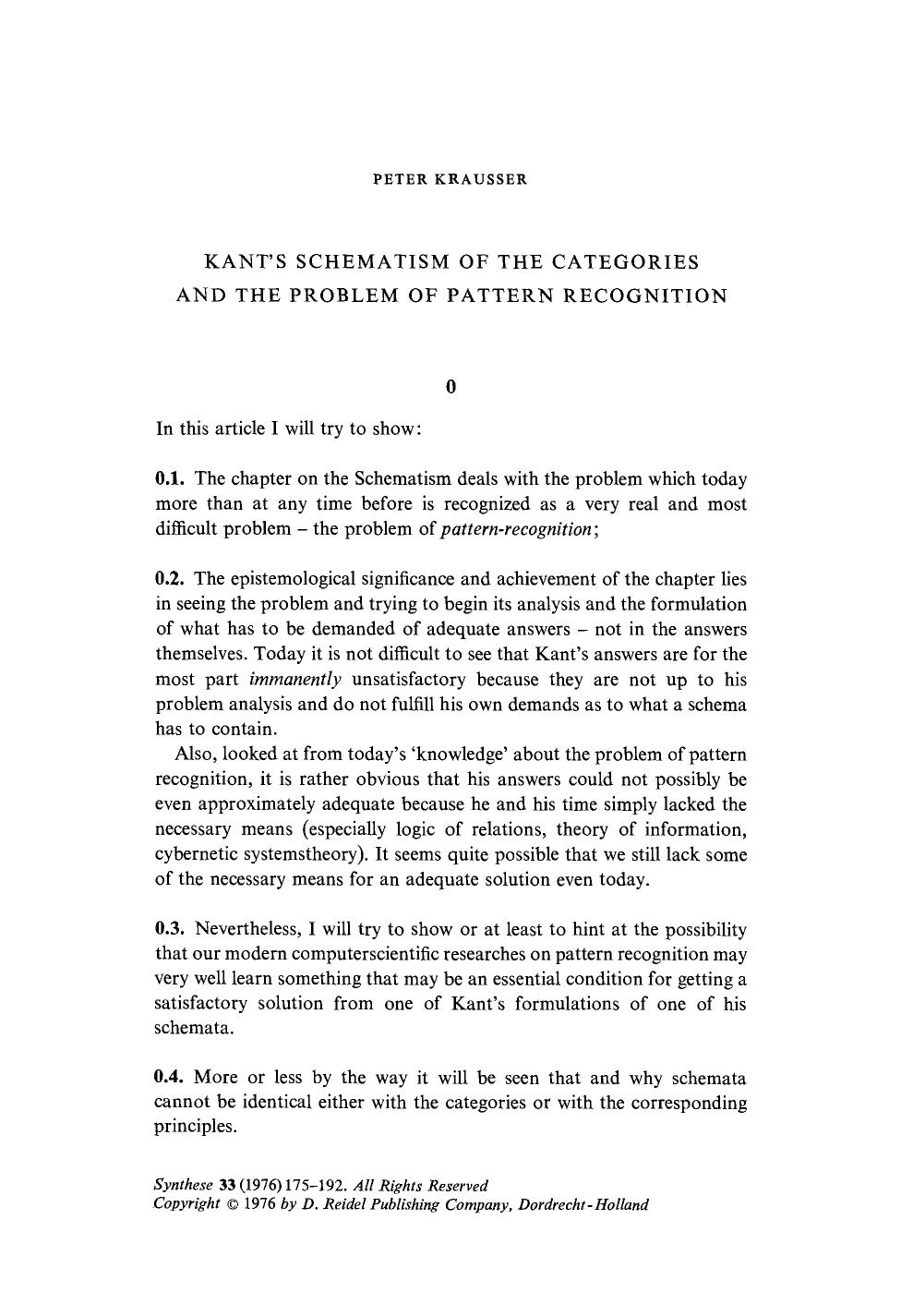 Kant's Schematism of the categories and the problem of pattern recognition by Unknown